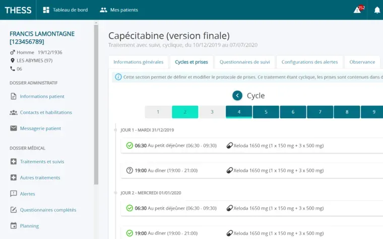 Écran de suivi d'un traitement cyclique dans l'application Thess, sur un patient fictif.