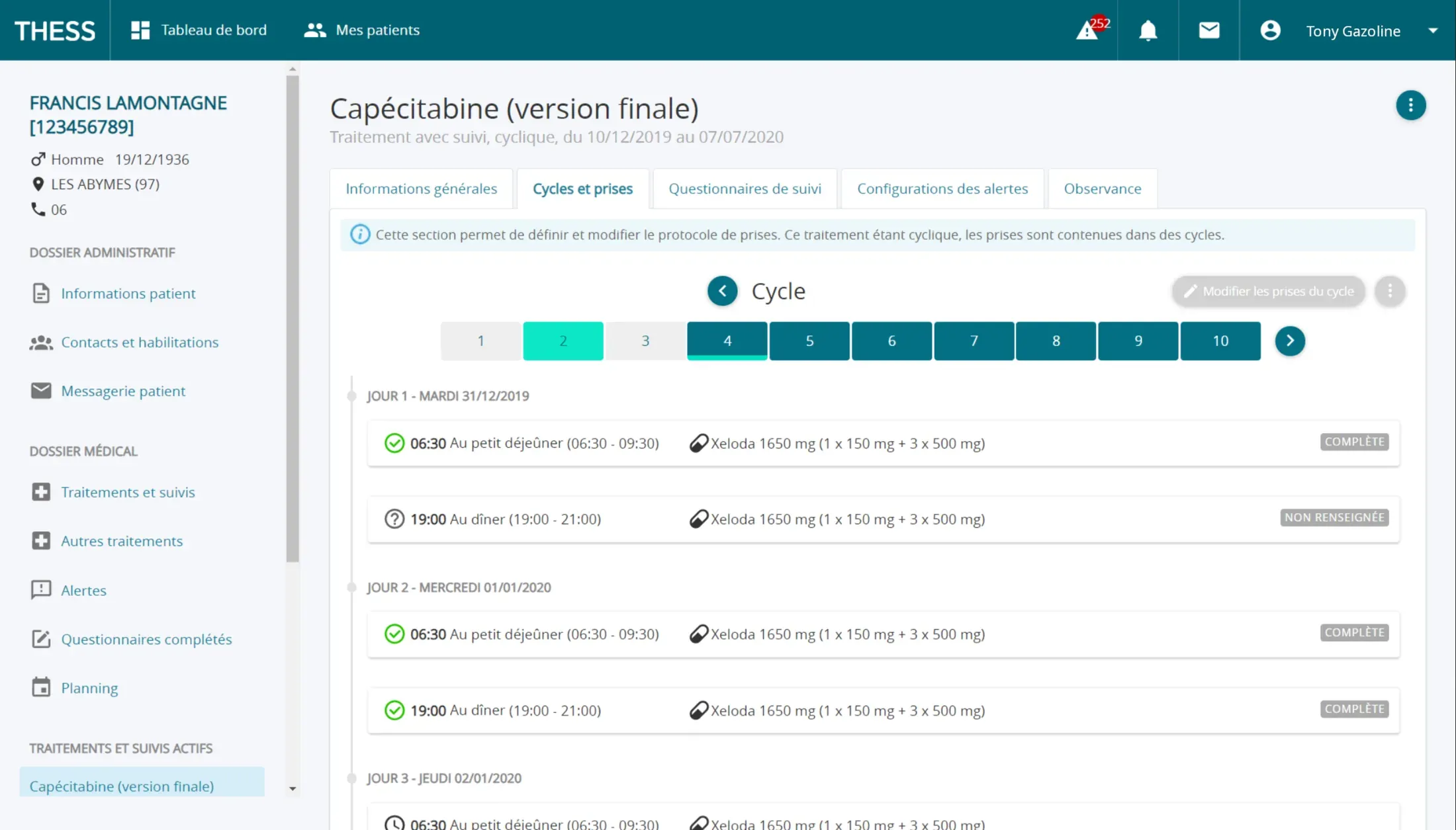 Écran de suivi d'un traitement cyclique dans l'application Thess, sur un patient fictif.